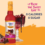 Skinny Mixes Vampire Kiss syrup bottle, sugar-free black cherry and chocolate flavor, 0 calories, 0 sugar.