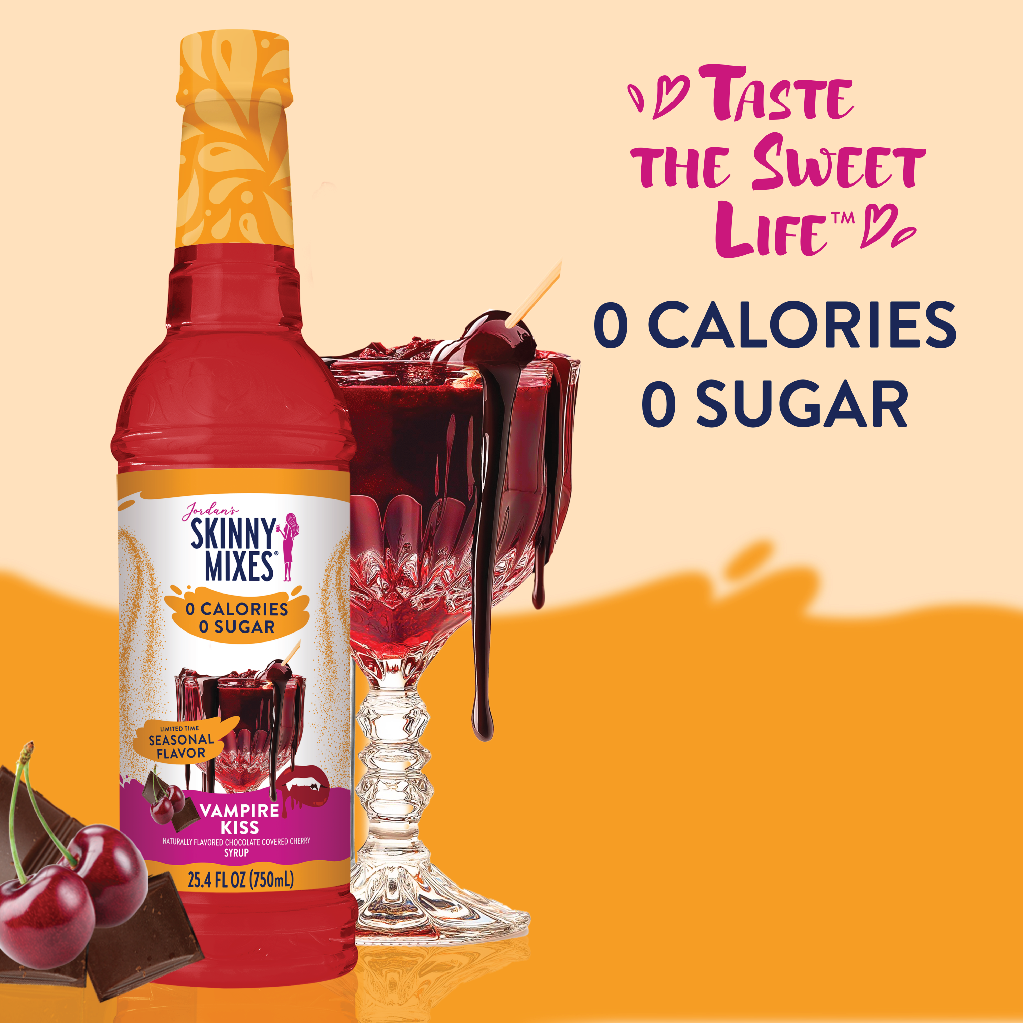 Skinny Mixes Vampire Kiss syrup bottle, sugar-free black cherry and chocolate flavor, 0 calories, 0 sugar.