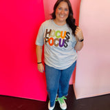 Athletic grey Bella + Canvas tee with Hocus Pocus appliqué design