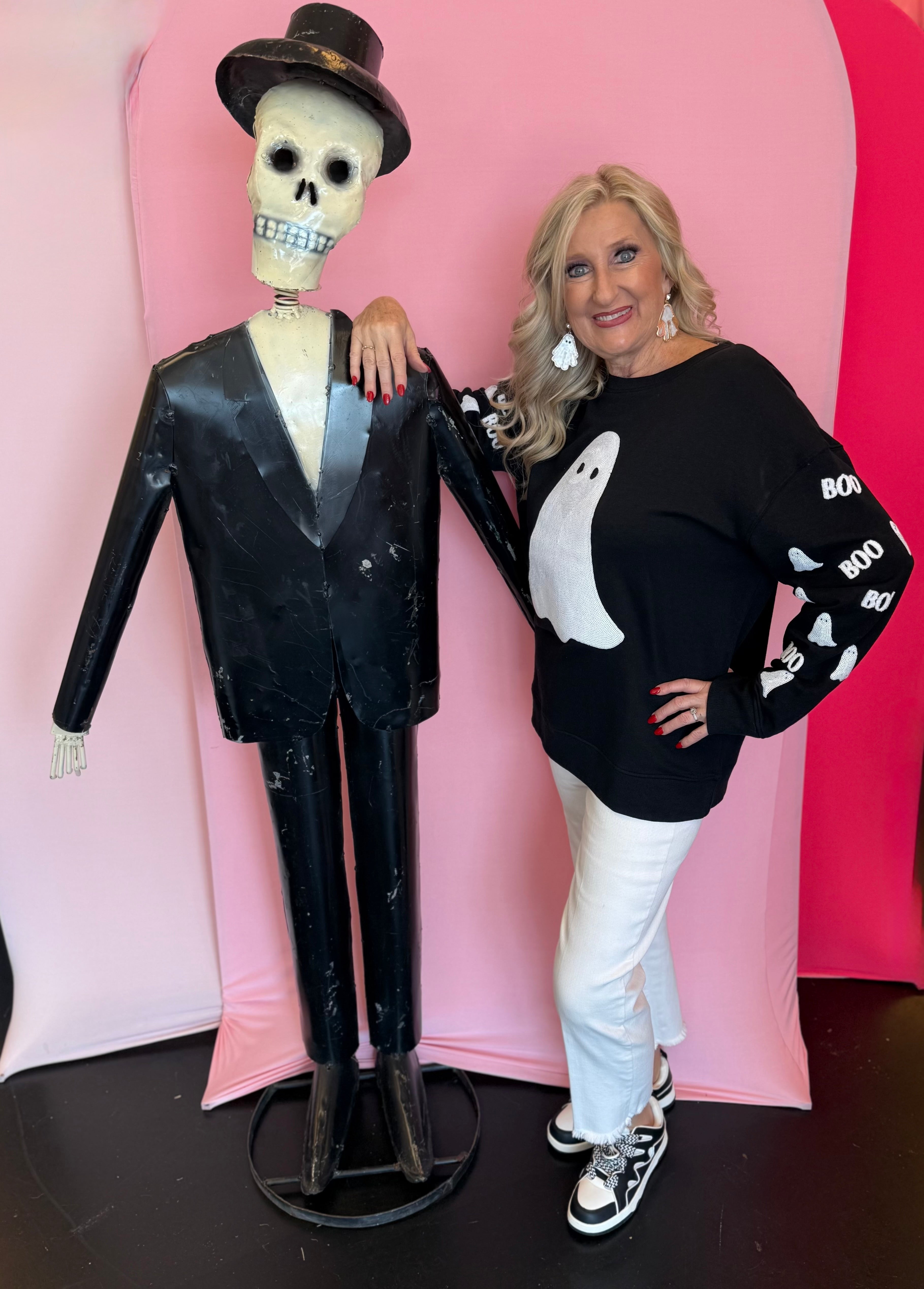 Black sweatshirt with ghost graphic and BOO sleeve details