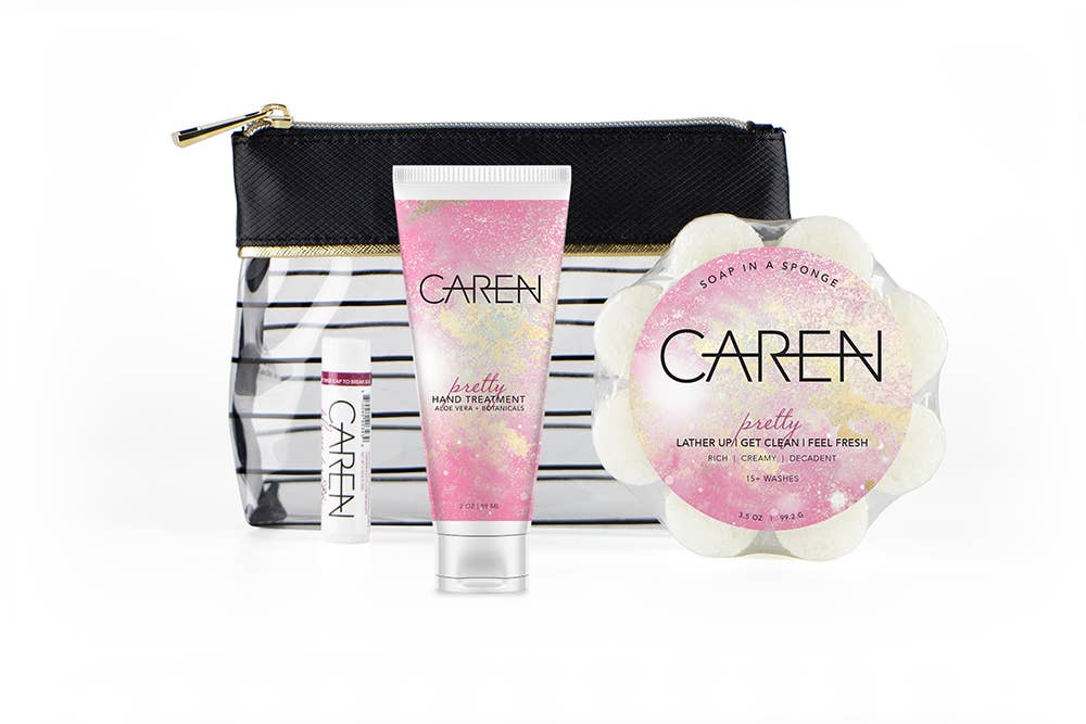A gift set in a cosmetic bag, including "Pretty" hand cream, soap sponge, and a lip balm.