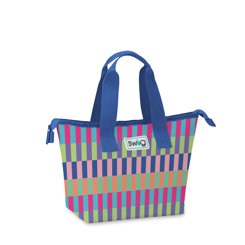 Swig Brite Stripe Lunchi Lunch Bag with vibrant colorful check pattern, top zipper closure, waterproof PVC-coated polyester shell, BPA-free food-safe lining, easy-access back pocket, wide bottom design, folds flat for storage, measures 9" W x 5.5" D x 9" H with 14" W top, and weighs 0.7 lbs when empty.