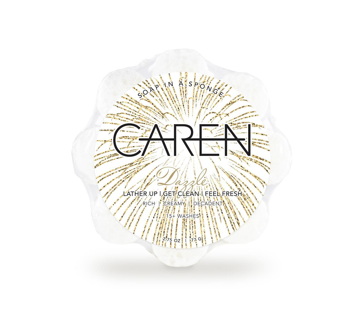 A brightly colored, soap-infused sponge with the word "Dazzle" on it.