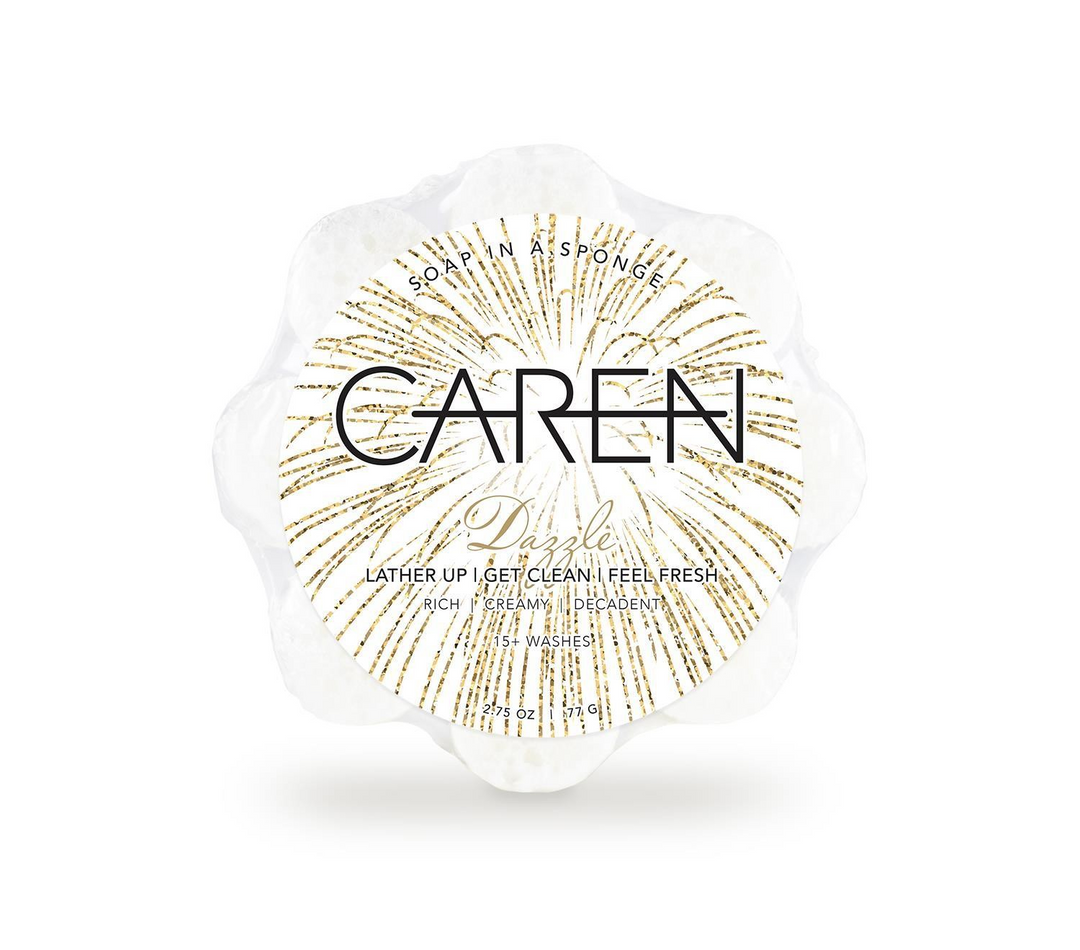A brightly colored, soap-infused sponge with the word "Dazzle" on it.