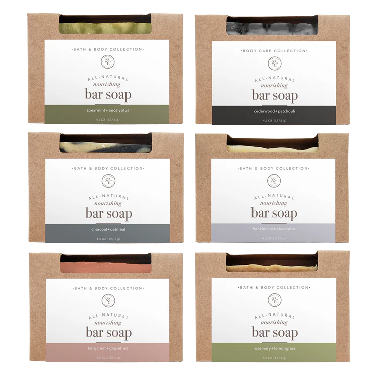 Six packages of all-natural bar soap with different scents from Rowe Casa Organics