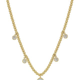 Gold beaded necklace with graduated crystal circle charms, water-resistant, adjustable 16"-18".