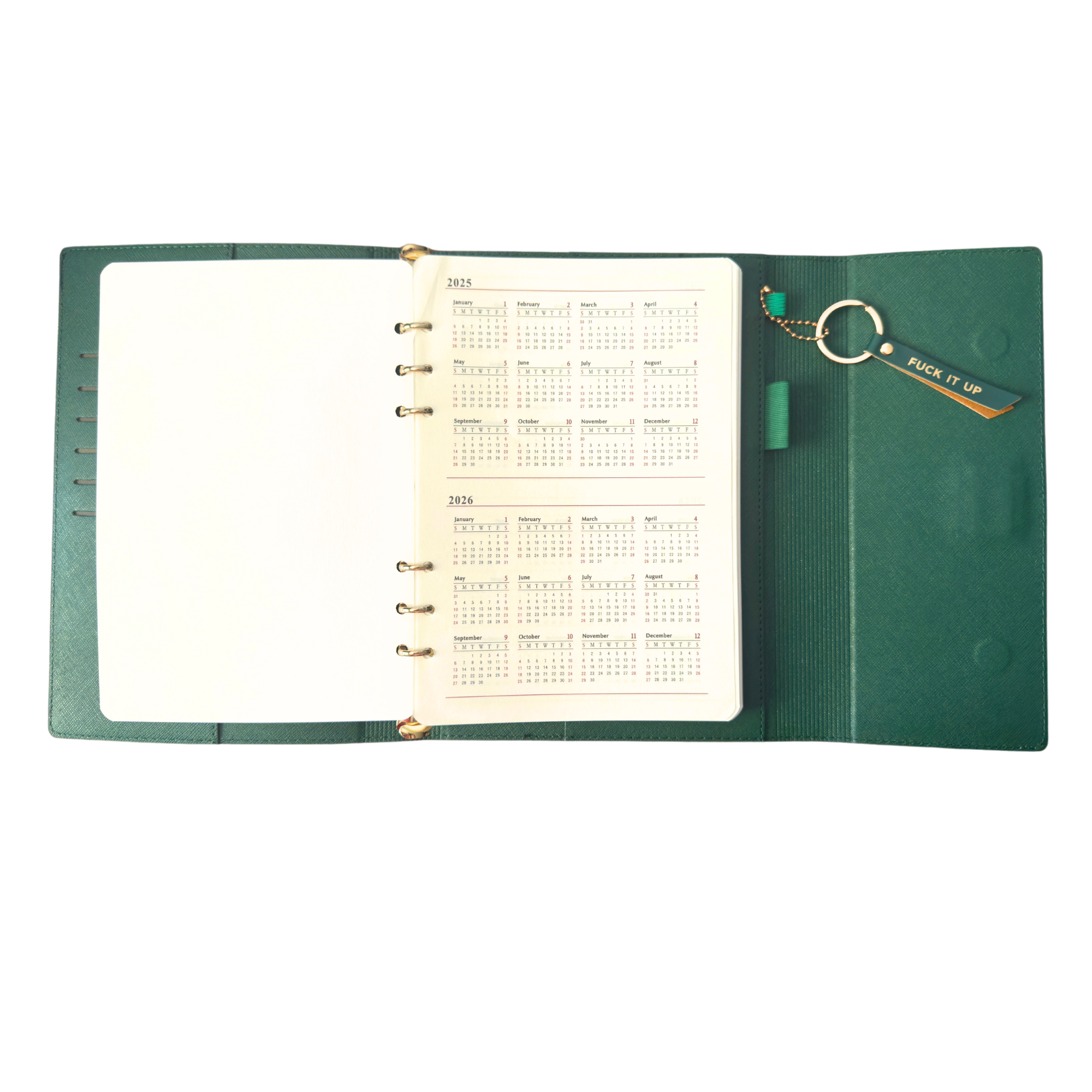 Calendar in green clutch folio journal with calender and matching pen. 'FUCK IT UP' gold foil text.