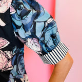 Navy Ruffled Mock Neck Floral Top