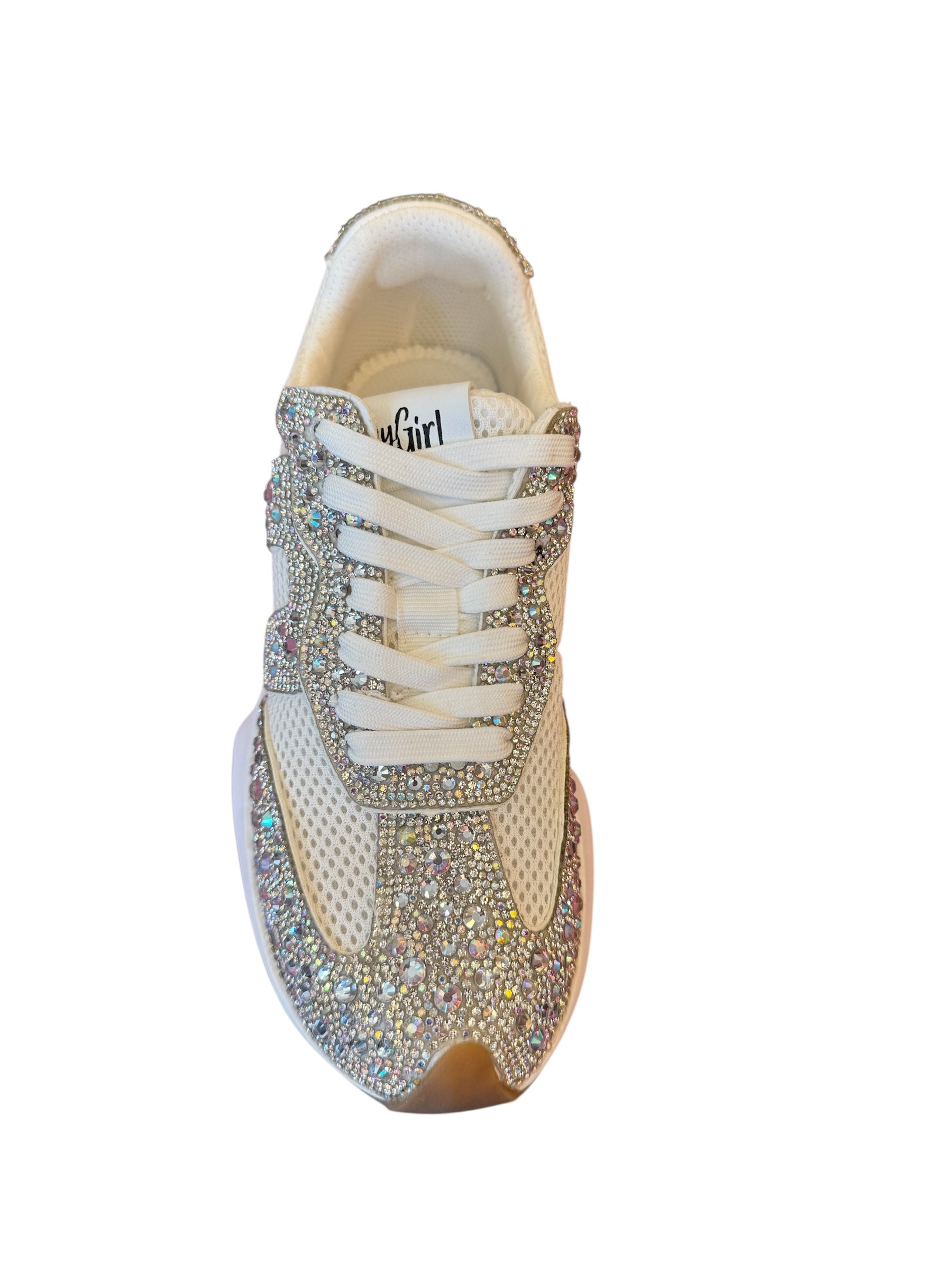 Top view of Corky's white sneakers with rhinestone embellishments