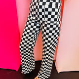 Black Demi Checkered Jeans, high-waist with a wide-leg gingham print.