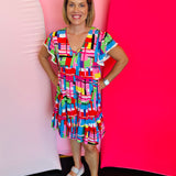 Multi Color Pattern Flutter Sleeve Dress
