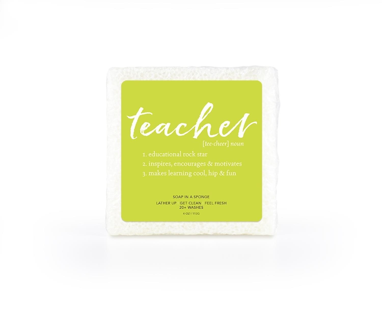 A soap-infused sponge with the word Teacher on top.