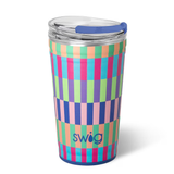 Swig Brite Stripe Party Cup 24oz with vibrant check pattern, XL EZ Slider Lid, and stackable insulated stainless steel design.