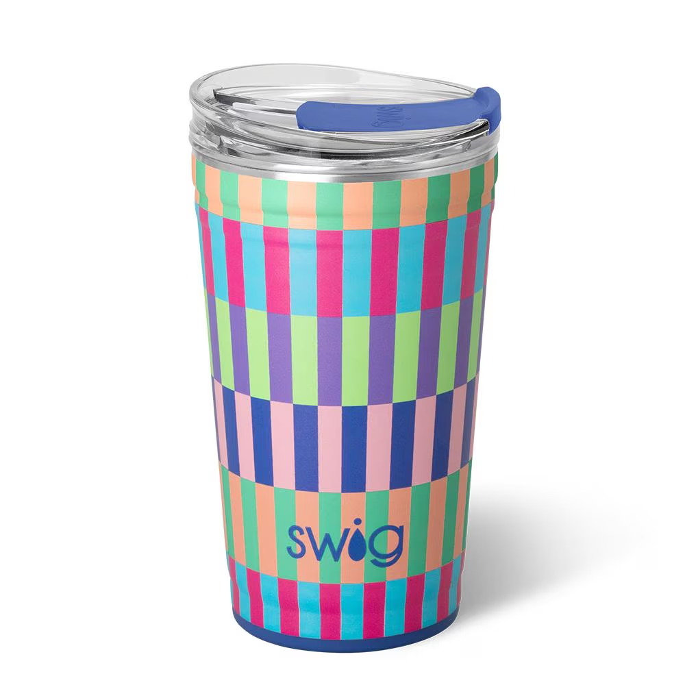 Swig Brite Stripe Party Cup 24oz with vibrant check pattern, XL EZ Slider Lid, and stackable insulated stainless steel design.
