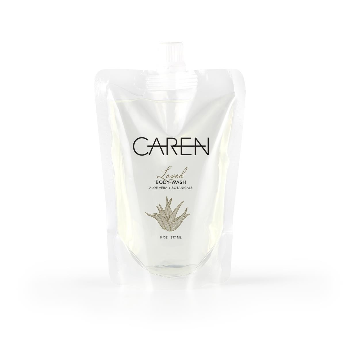An 8oz biodegradable pouch of "Loved" body wash.