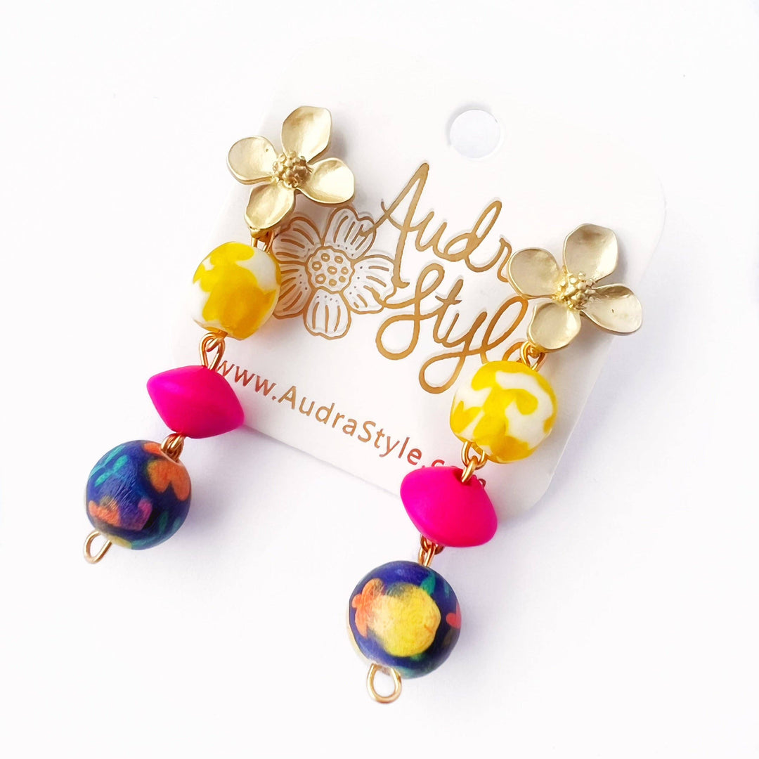 Floral Yellow/Pink/Blue Drop Beaded Earrings