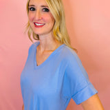 Spring Blue Rolled Sleeve V-Neck Top