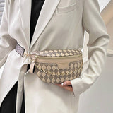 Model showing waist view of beige checkered fanny pack with gold chain detail.