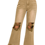 Light camel cropped jeans with distressed knees and raw hem