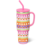 Swig Trick or Treat Mega Mug 40oz with jack-o’-lanterns, ghosts, spiders, bats, and candy corn, comfort-grip handle, XL straw lid, and silicone flexi-tip straw.