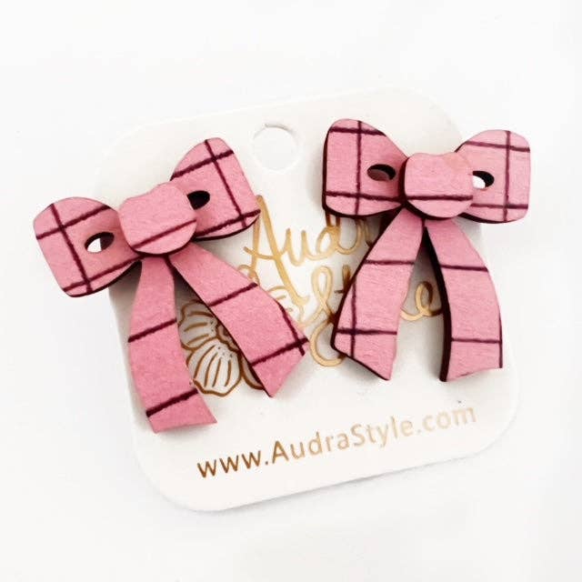 Pink Plaid Bow Studs