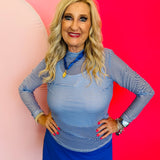 a long sleeve, crewneck mesh top with bold, horizontal stripes in vibrant blue and crisp white.