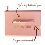 Pink magnetic closure journal folio and calendar with gold graphics.