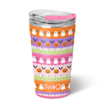 Swig Trick or Treat Party Cup 24oz with whimsical jack-o’-lanterns, ghosts, spiders, bats, and candy corn, XL EZ Slider Lid.