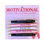 Set of five black ink motivational pens with bold, empowering sayings for strong, confident women.