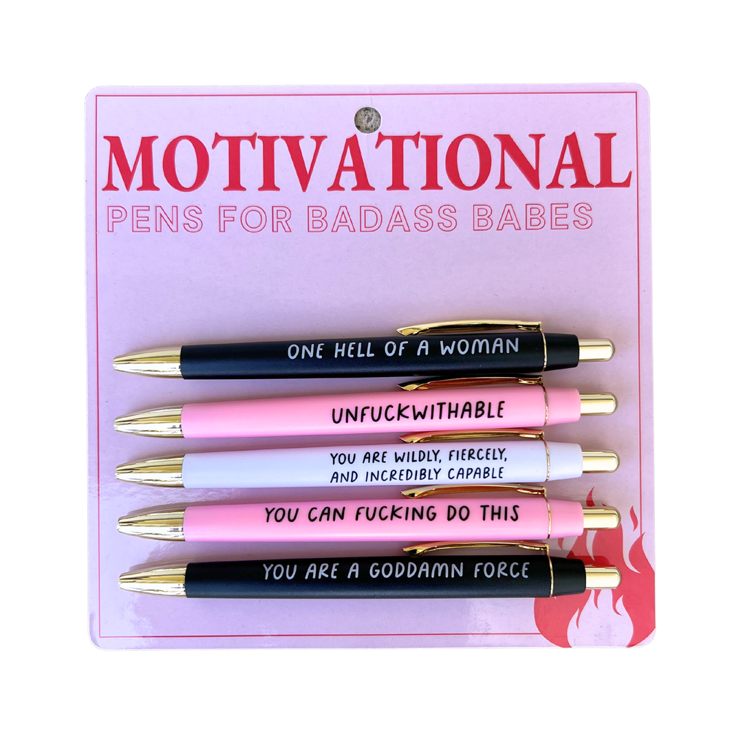 Set of five black ink motivational pens with bold, empowering sayings for strong, confident women.