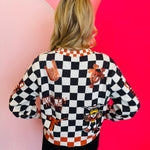 Back side Queen Of Sparkles checkered University Of Texas  game day sequin cardigan.