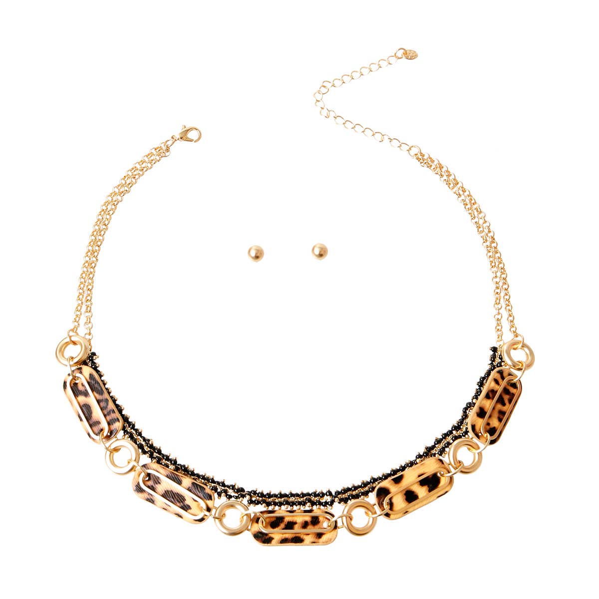 A matte gold layered necklace set featuring leopard print links and black accents.