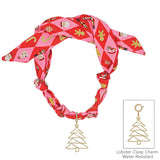 Christmas printed silk knotted scarf necklace with removable gold Christmas tree charm.