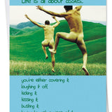 A funny birthday card with a text-based design about the many roles of asses in life.