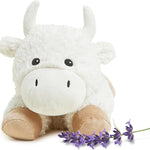 Plush white buffalo Warmies, lavender scented, microwavable, and weighted for warmth and comfort.