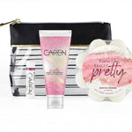 A gift set in a cosmetic bag, including "Pretty" hand cream, a soap sponge, and a lip balm.