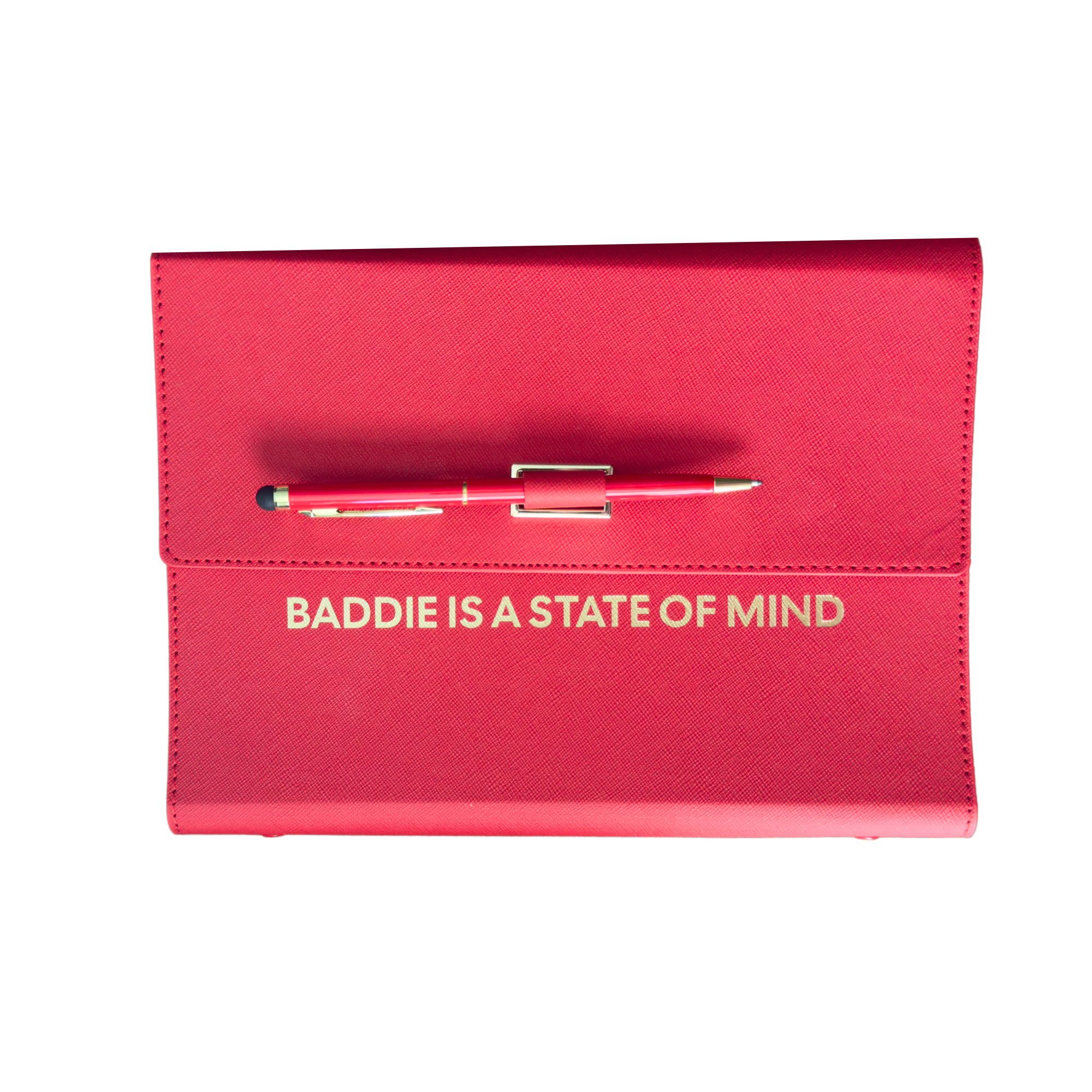 Red clutch organizer with a pen and 'Baddie is a State of Mind' text.