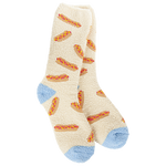 A pair of plush, soft crew socks with a repeating all-over pattern of hot dogs. The socks feature a solid, contrasting blue color on the heels and toes.