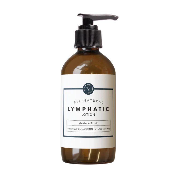 A bottle with a pump dispenser containing Rowe Casa Lymphatic Lotion