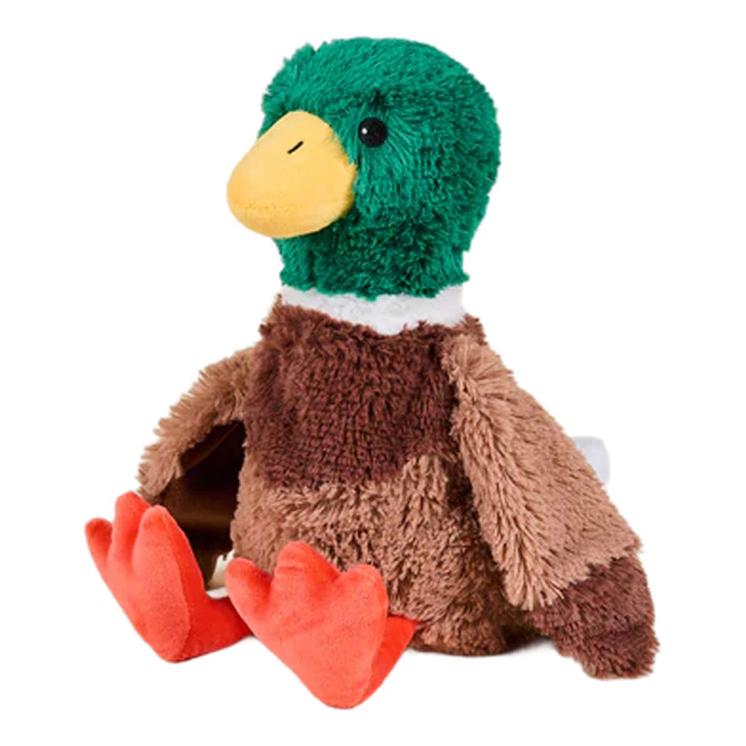 Mallard Warmies plush, microwavable and freezer safe, lavender-scented, weighted for comfort and relaxation.