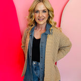 Latte Denim Contrast Cardigan with knit body, washed denim panels, and relaxed open-front design.