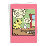 A funny birthday card featuring a talking welcome mat complaining about its day.