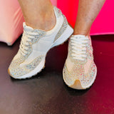 Detailed view of Corky's rhinestone-covered mesh sneakers showing sparkle and lace-up closure.