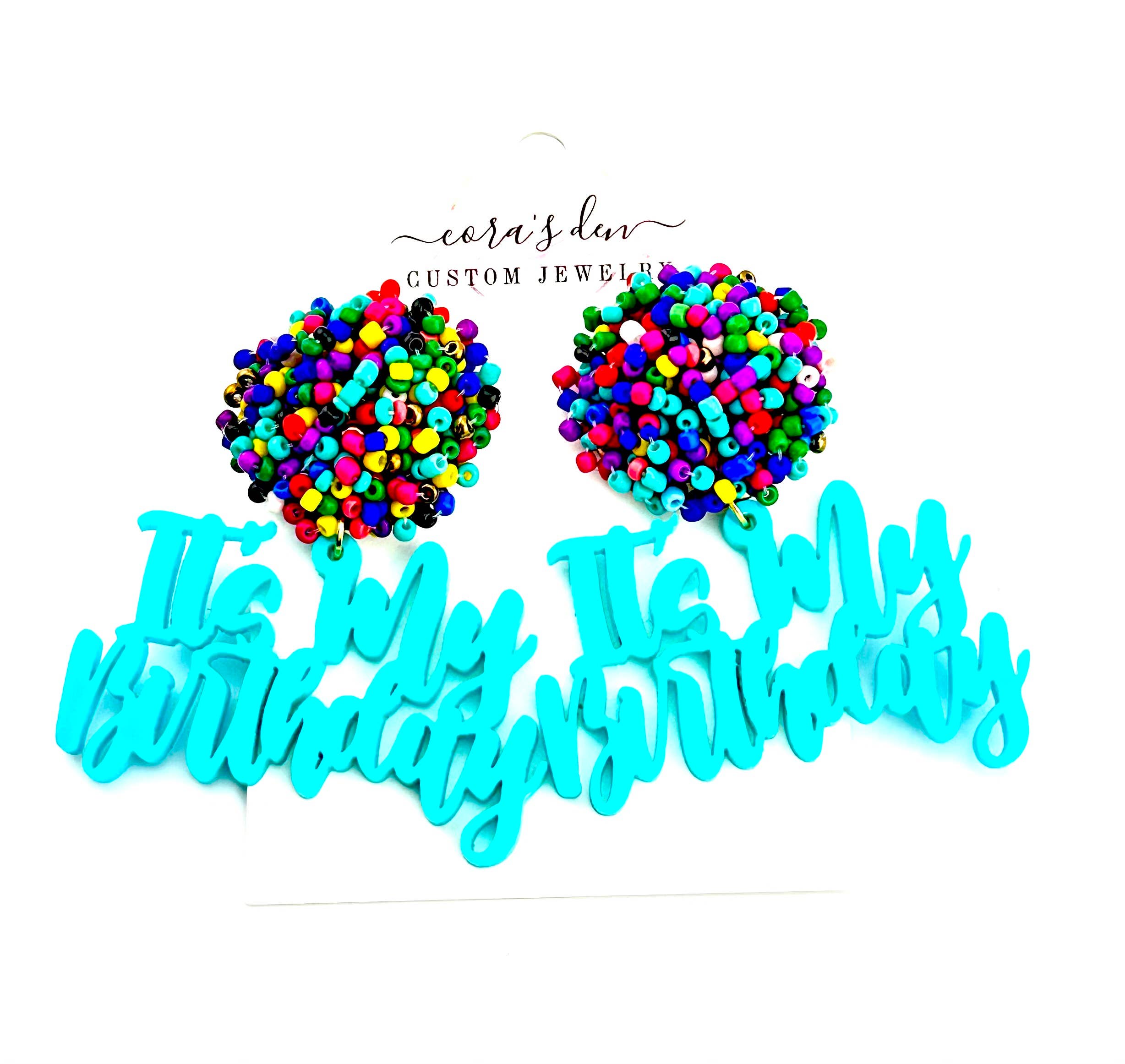 “It’s My Birthday” turquoise acrylic earrings with multi-colored beaded stud tops and lightweight party design