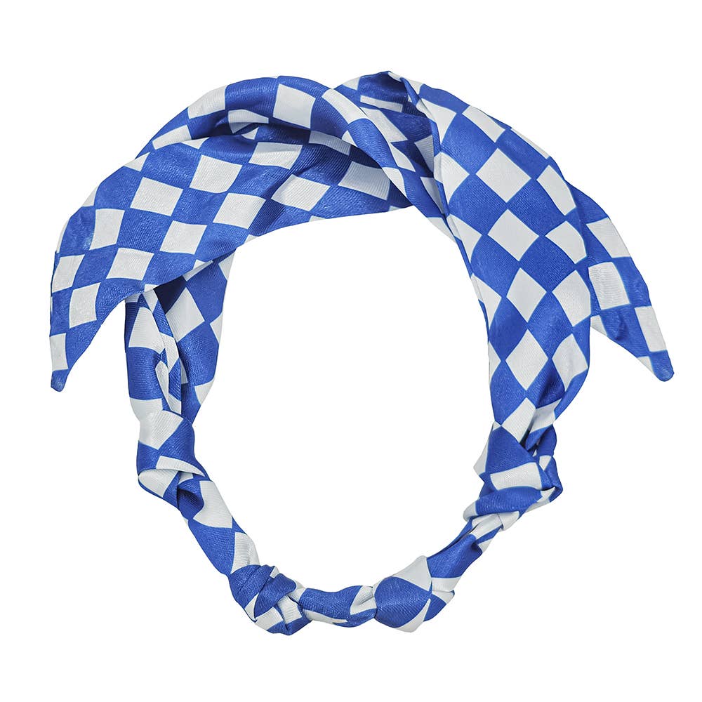 Blue and white silk knotted scarf necklace with gameday style.