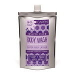 A 3 oz travel-sized pouch of "Purple Loved" body wash