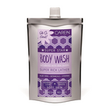 A 3 oz travel-sized pouch of "Purple Loved" body wash