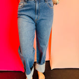 Zenana High Rise Cuffed Wide Leg Denim Jeans