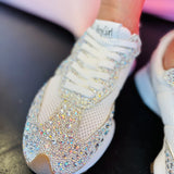 Detailed view of Corky's rhinestone-covered mesh sneakers showing sparkle and lace-up closure.