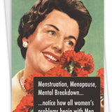 A vintage-style birthday card with a witty quote about women's problems beginning with men.